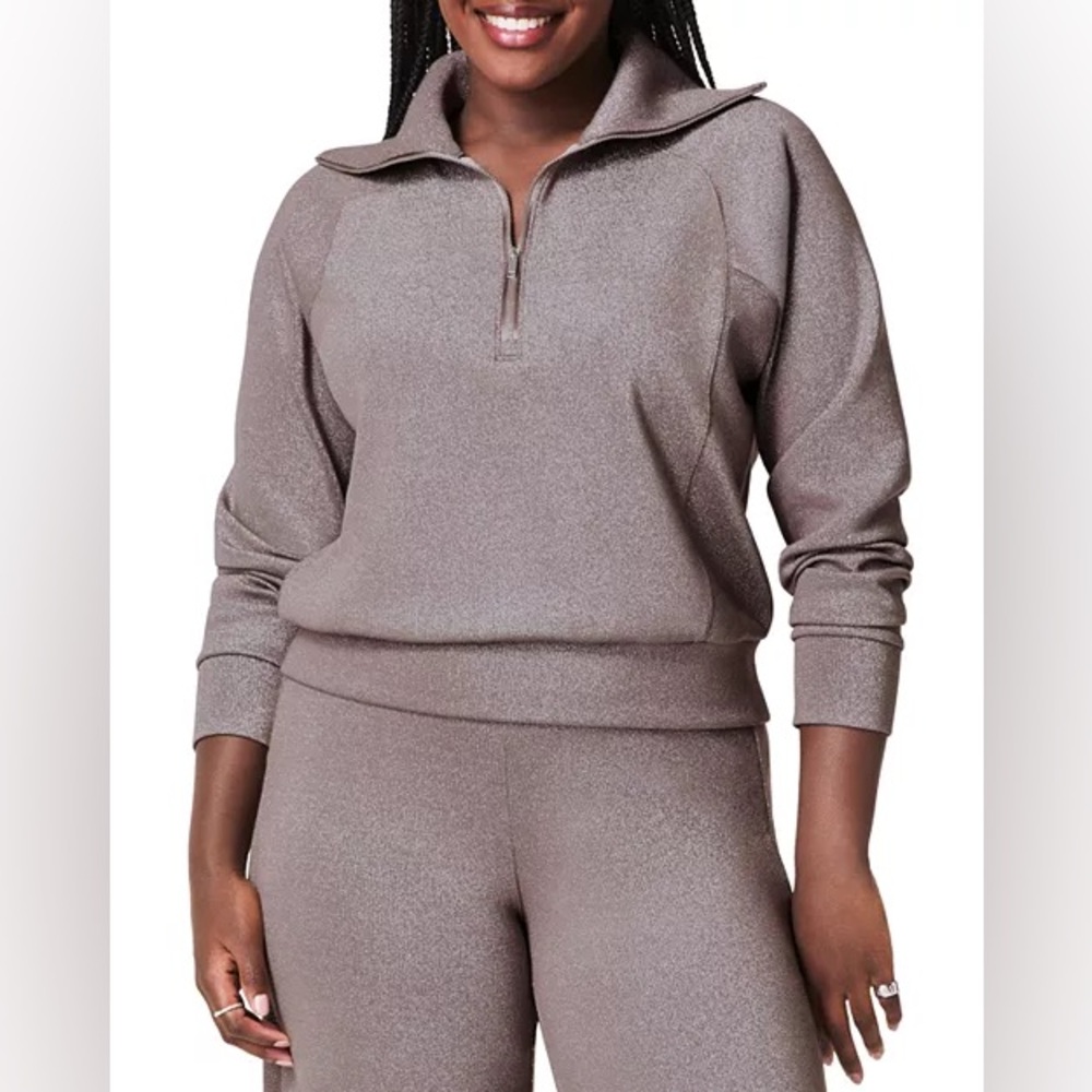 NWT Spanx Airessentials Half Zip Pullover With Shimmer - Smoke Silver, size L